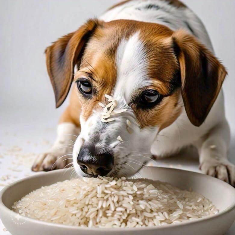 Can dogs eat uncooked Rice? Picture of dog sniffing raw rice